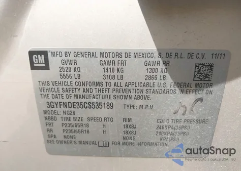 2012 Cadillac Srx Luxury Collection from USA, damaged, VIN 3GYFNDE35CS535189